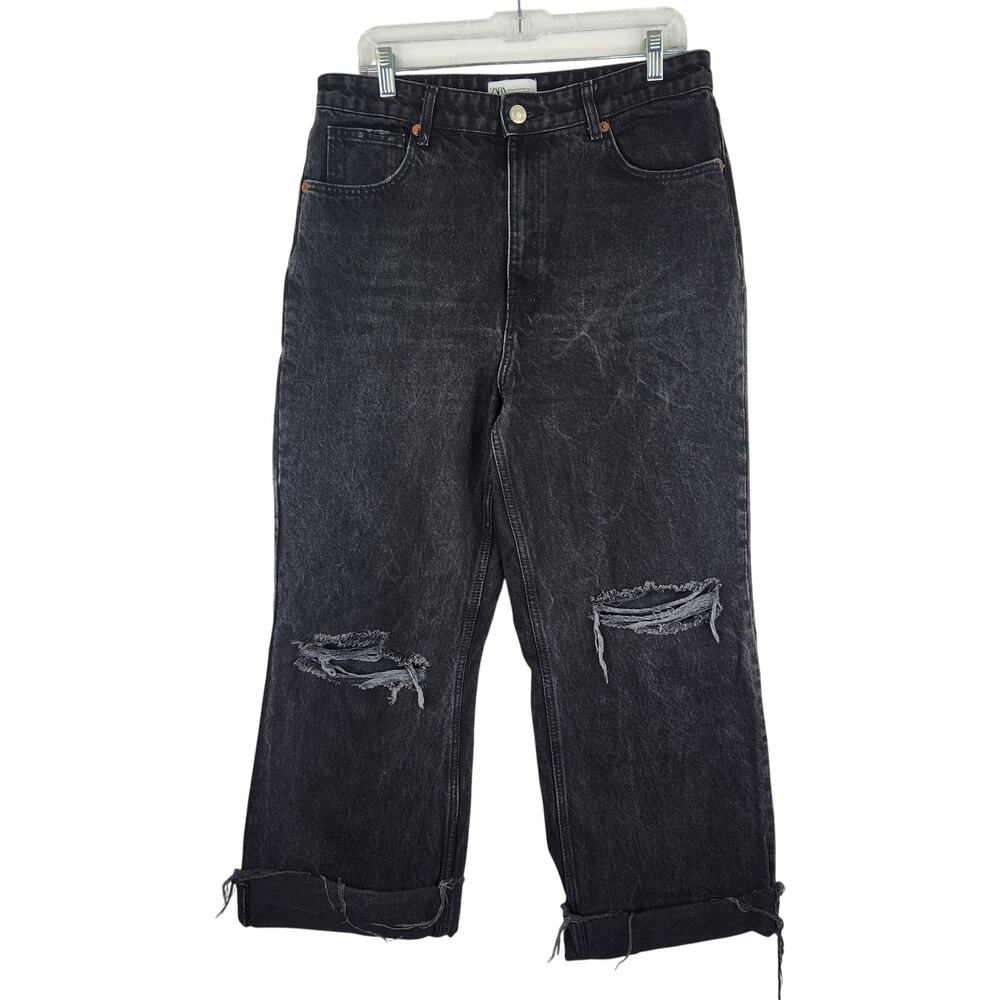 Zara Black Denim Wide Leg Open Knee Cropped Jeans Women's 12 Streetwear Academia
